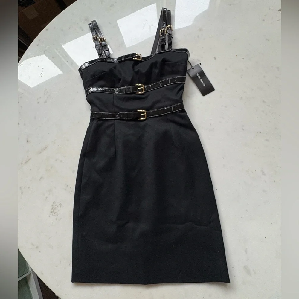 DOLCE & GABBANA Black Patent Buckle Strap Bondage Sexy Mini Dress 38 US 2 FLAWED - Picture 2 of 13